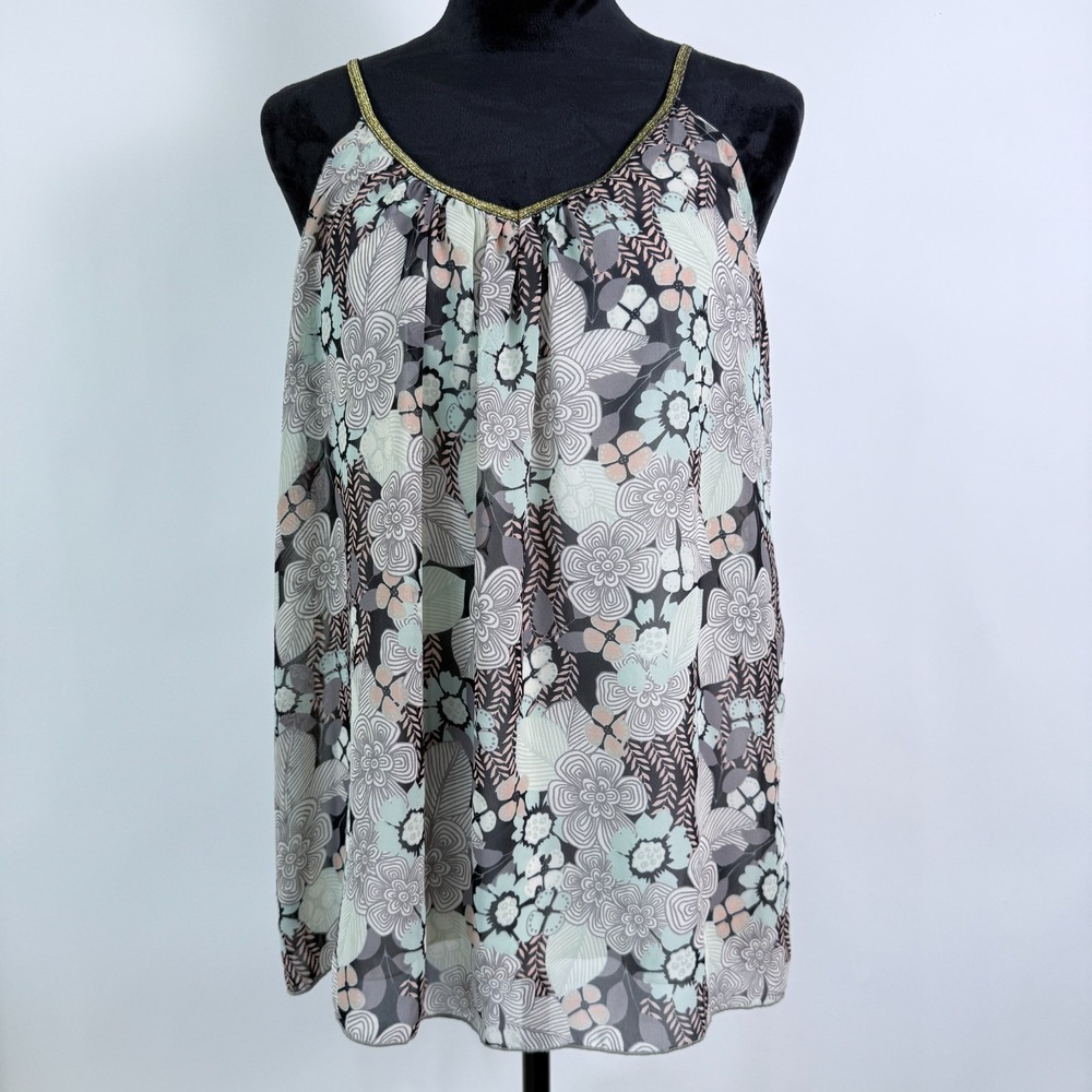 Rampage‎ Y2K Floral Tank Top Size M Shimmer Gold Trim Fairy Whimsy